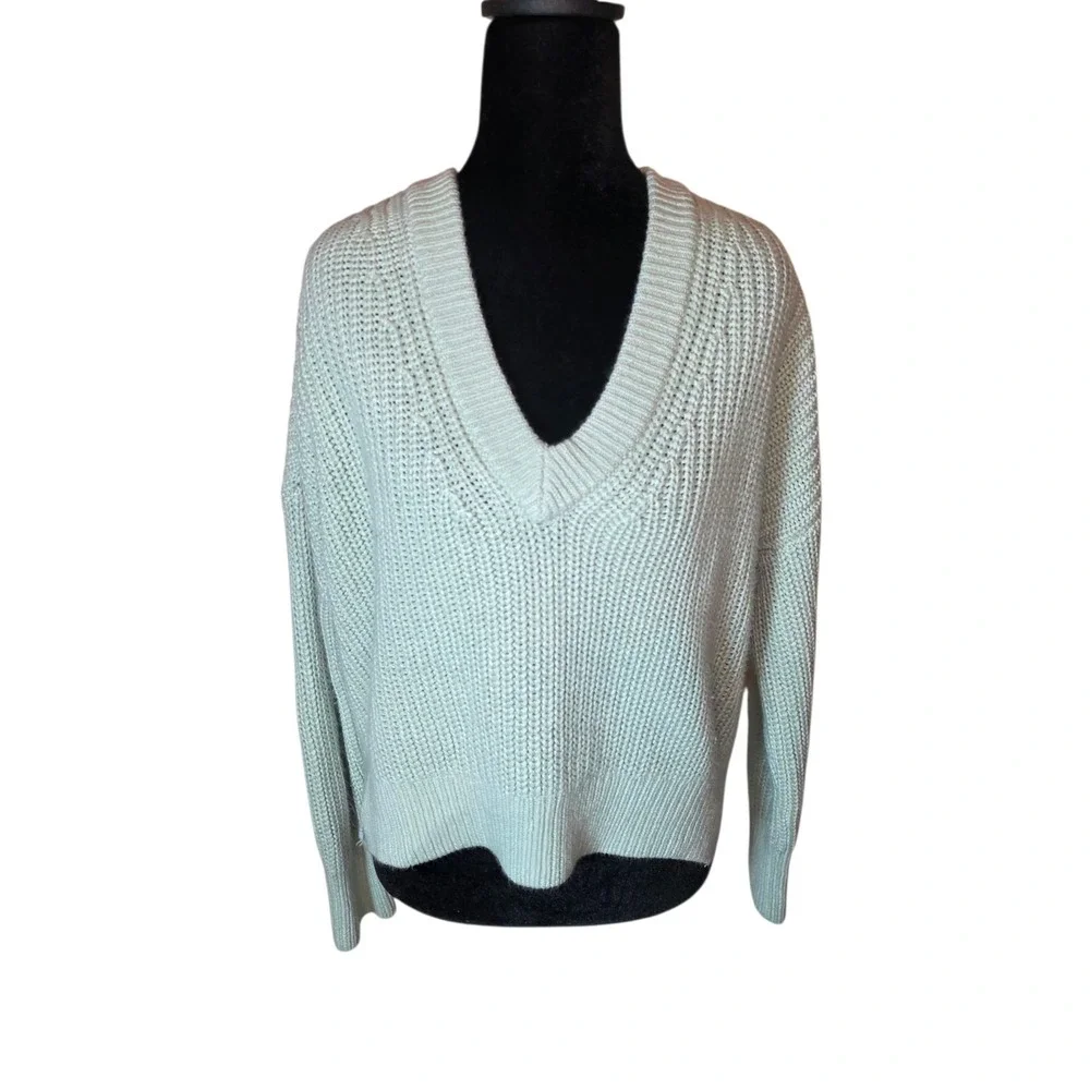 Abercrombie Womens S Mint Green Chunky Knit V Neck Sweater Oversized Cropped